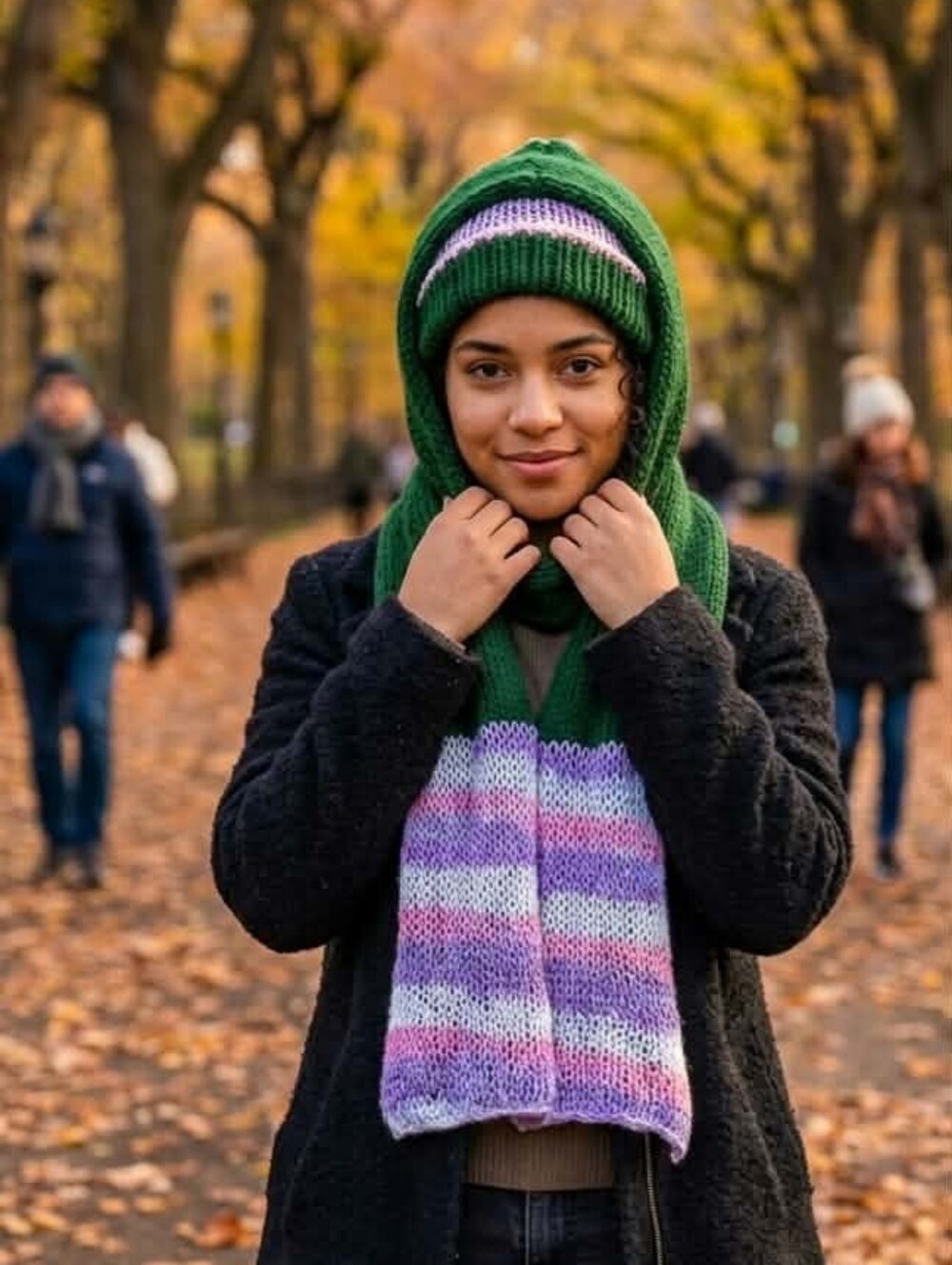 Green Knit Hooded Scarf with Purple & White Stripe Panel - Women's Hat